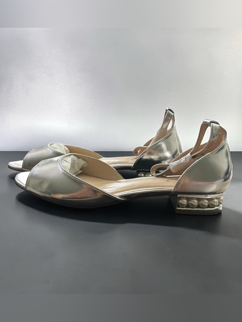 Pearl-Trim Metallic Open-Toe Mules - Silver